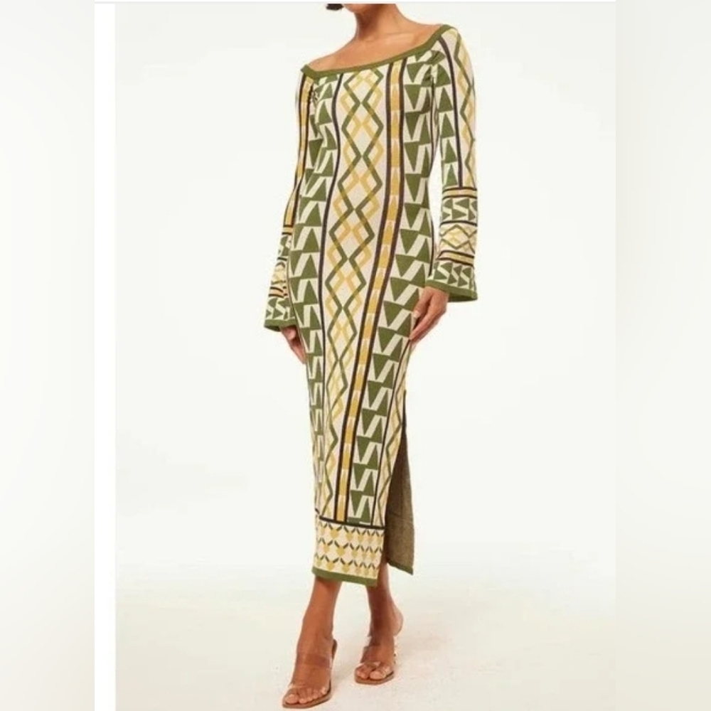 Misa Los Angeles Olive, Cream & Mustard Geometric Knit Maxi Dress    G27